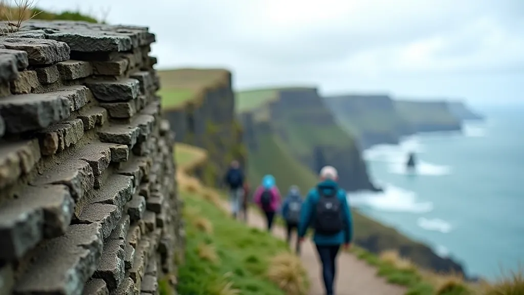 Close-up of cliff edge showing layered geological strata with hikers walking safely on the marked path in the distance
