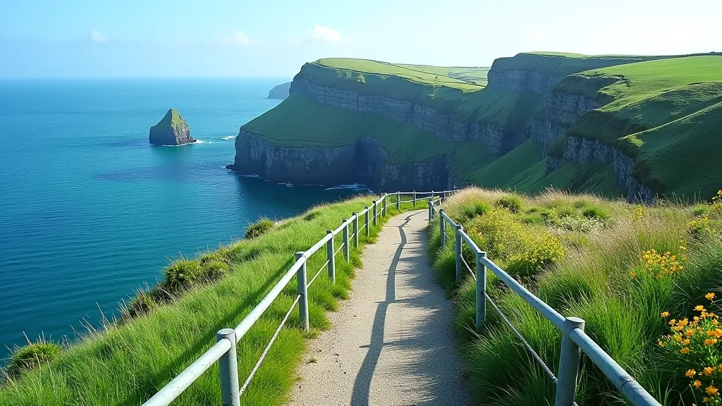 Scenic cliff-top walking path with safety railings, blue sea visible below, grassy headland extending into distance, bright daylight