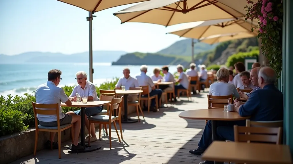 Coastal café building with outdoor seating area, relaxed visitors enjoying refreshments with bay views, sunny weather