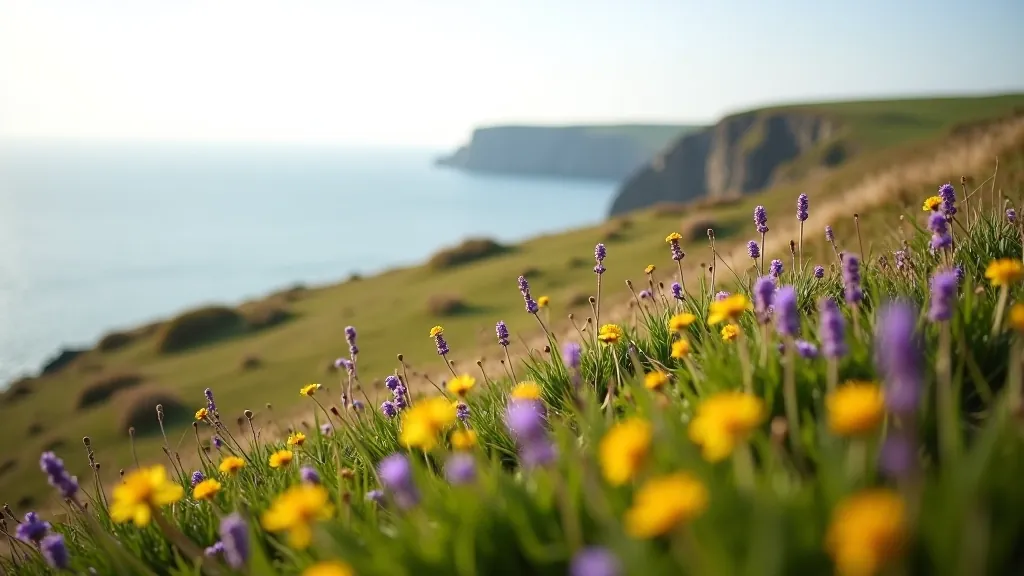 Spring wildflowers blooming on coastal cliff grasses, soft morning light, gentle sea breeze, peaceful natural landscape