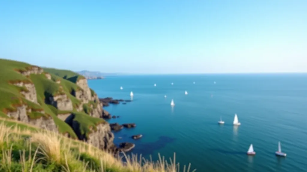 Wide panoramic view of Dublin Bay with Howth Peninsula jutting into calm blue water, sailboats visible on the water, clear blue sky