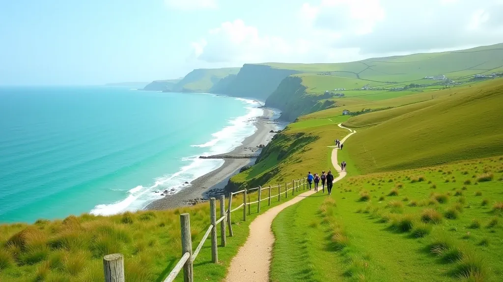 Coastal trail winding through lush green landscape with sea visible beyond, golden hour lighting