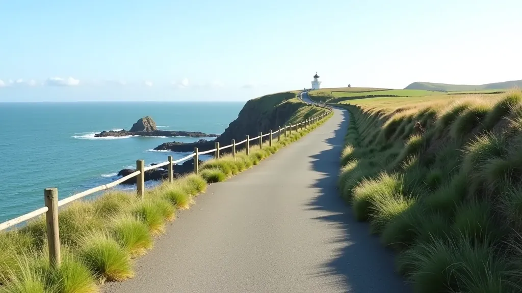 Paved coastal pathway curving along cliff edge with safety railings, Howth lighthouse visible in distance, walking trail through grassy headland