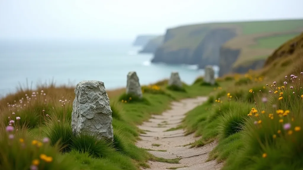 Coastal walking path with stone cairn markers, rugged grassy terrain sloping toward sea cliffs, ocean horizon beyond