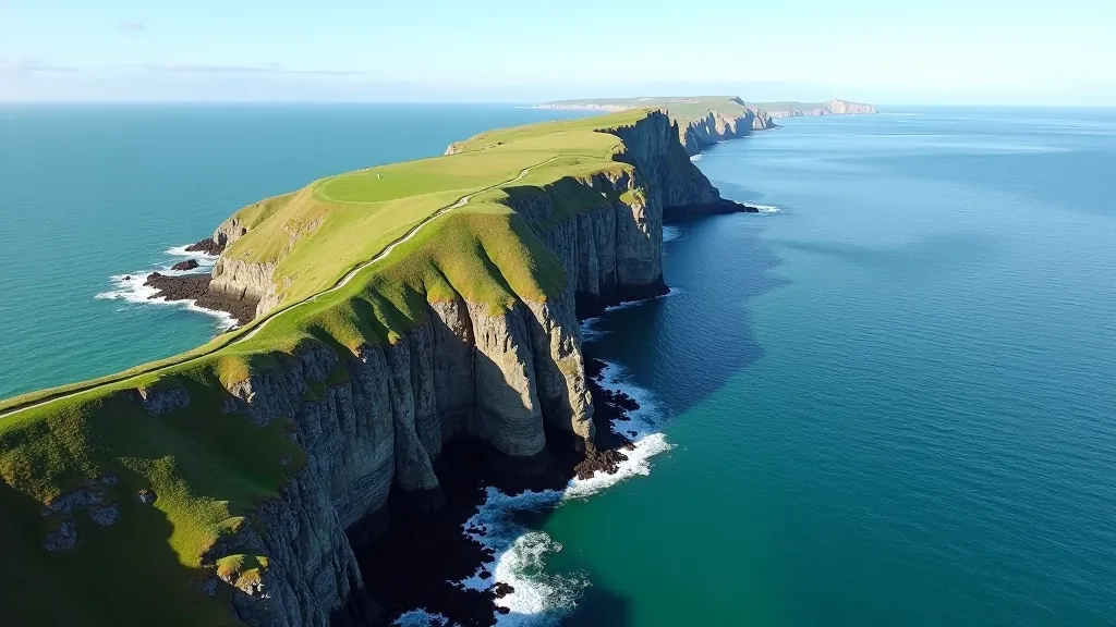 Aerial view of Howth Cliff Path showing the dramatic coastal headland and blue Irish Sea