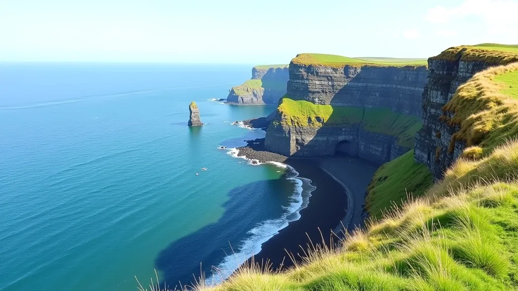 Dramatic coastal cliffs with rocky shoreline and blue ocean water visible from elevated viewpoint