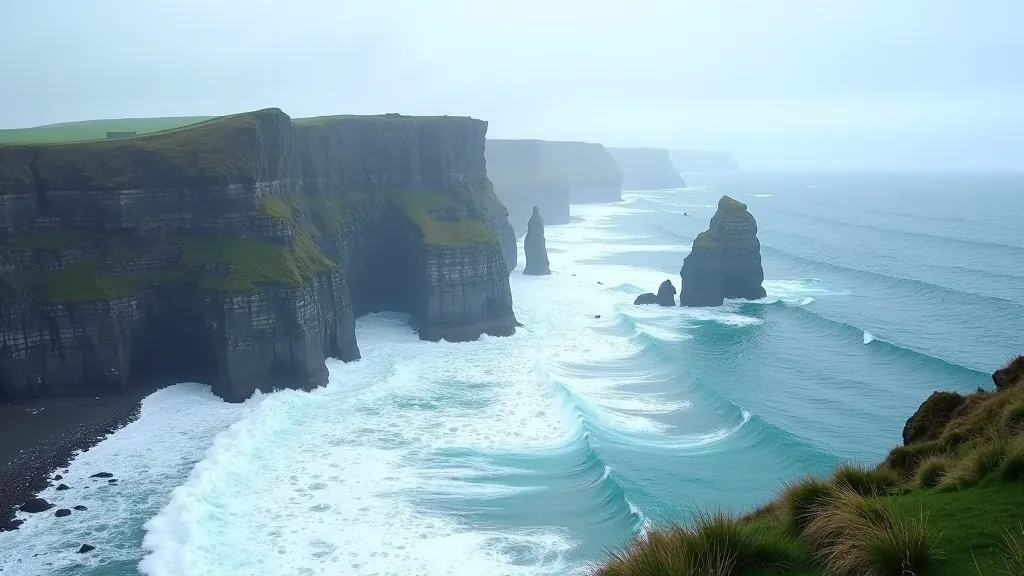 Dramatic sea stacks rising from crashing Atlantic waves, jagged rock formations with seabirds circling overhead