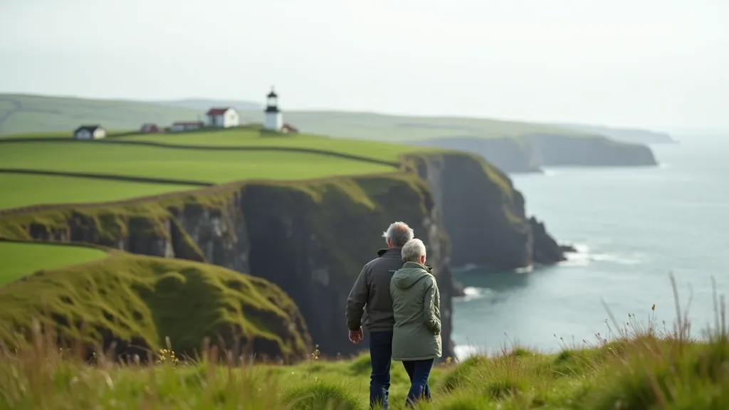 Gentle coastal peninsula landscape with rolling green hills meeting blue sea, quiet remote feeling
