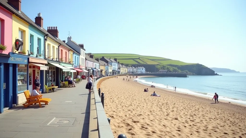 Greystones village beach with colorful shops and cafes overlooking sandy shore, people relaxing on beach, coastal village charm