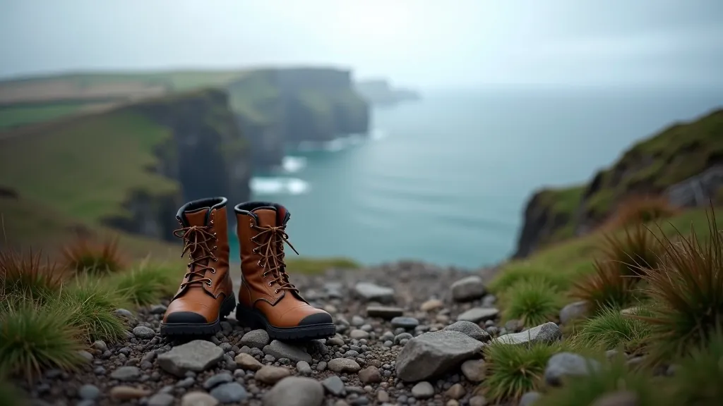 Hiking boots on rocky terrain with misty cliffs and Atlantic Ocean visible in background