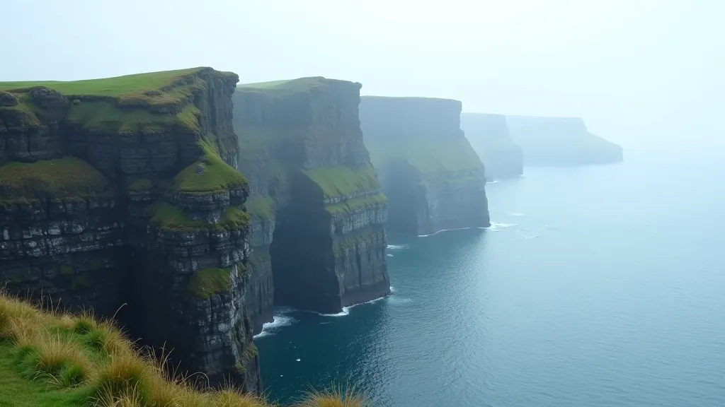 Massive towering sea cliffs dropping dramatically into ocean, visitors standing on viewing platform for scale