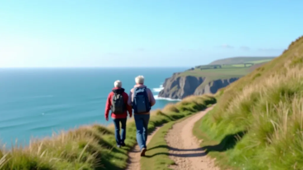 Older adults enjoying a peaceful walk on an Irish coastal trail with ocean views