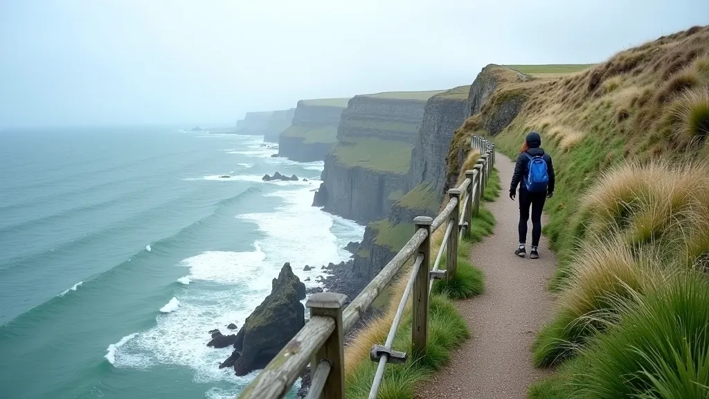 Narrow coastal path hugging cliff edge, metal safety railing visible, ocean waves crashing on rocks below