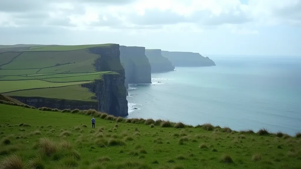 Panoramic view of Cliffs of Moher stretching along the coastline with green fields in foreground and Atlantic Ocean horizon