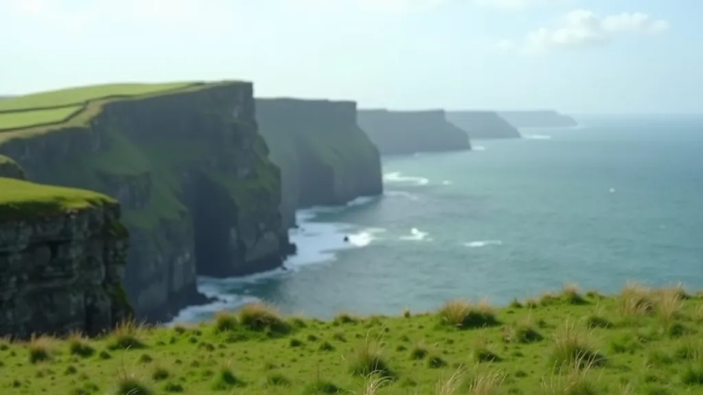 Beautiful Irish coastal cliffs overlooking the Atlantic Ocean with verdant green landscape