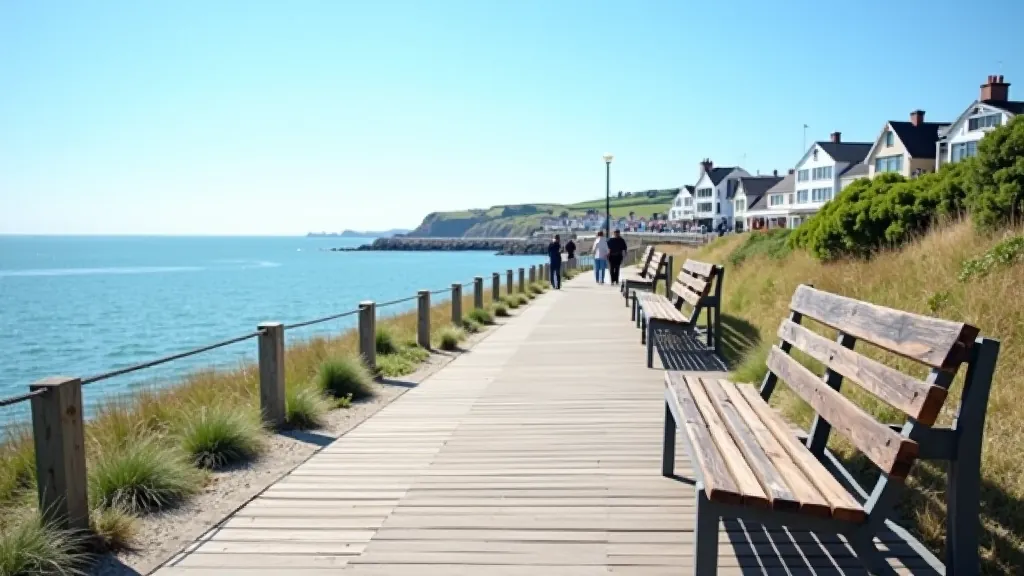 Peaceful seaside promenade with benches overlooking Irish Sea, coastal town in background, clear sunny day