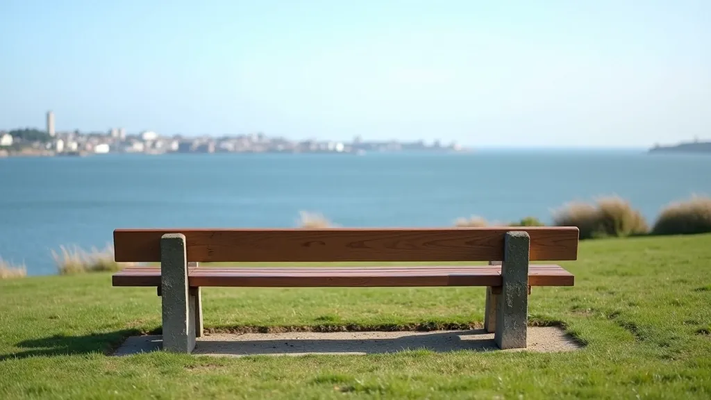 Benches along coastal path overlooking Dublin Bay with city skyline visible across water, calm day with good visibility